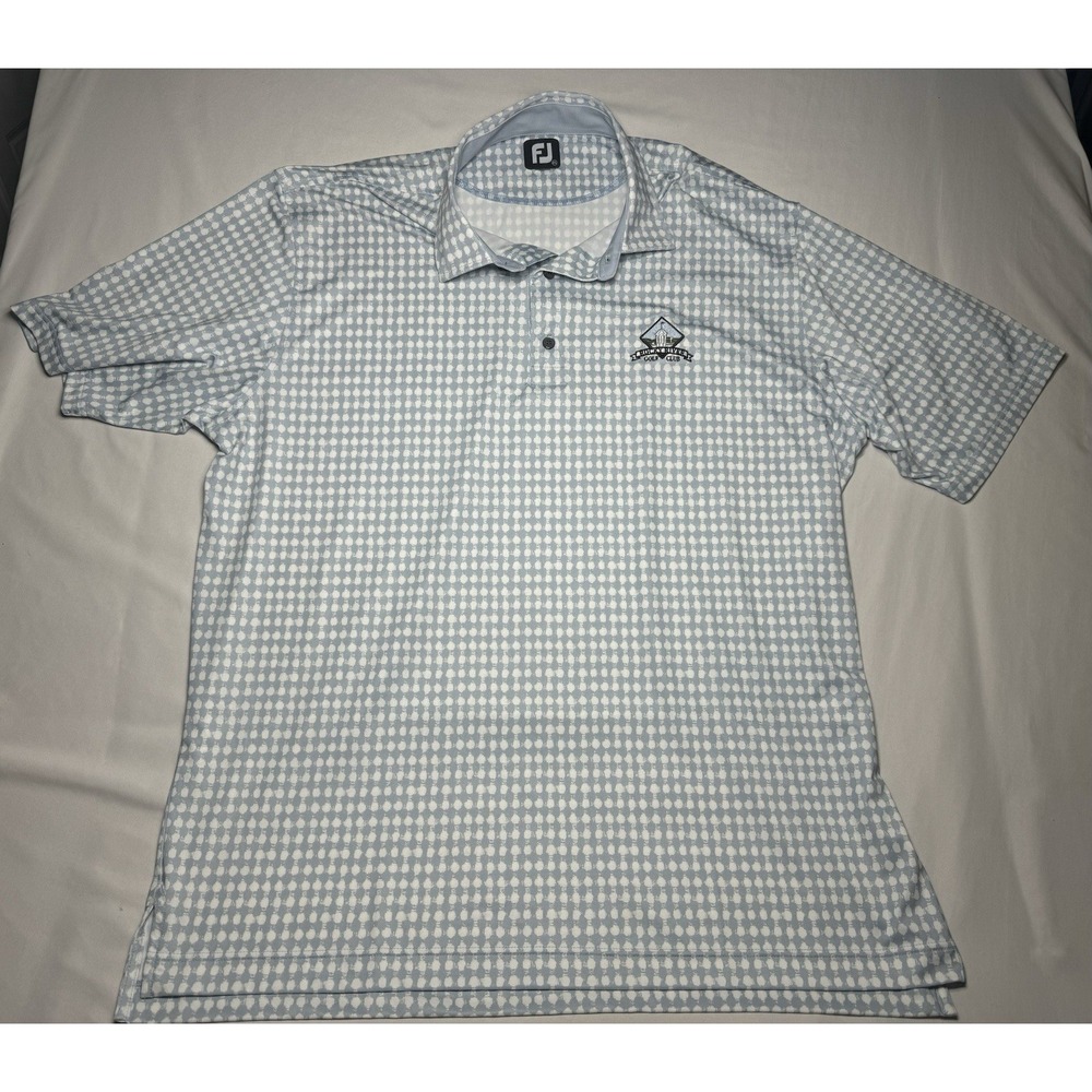 Foot Joy FJ Mens Shirt 2XL White Blue Geometric Lightweight Polo Golf Club Logo